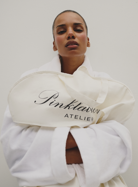 Model wearing Pinklablonde Atelier Bathrobe 