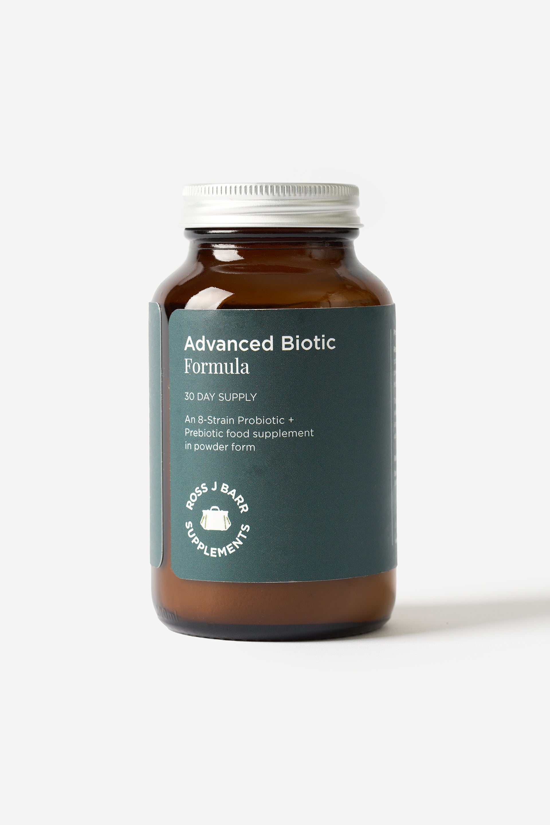 Les suppléments Advanced Biotic Formula de Ross J Barr dans une bouteille en vitre.