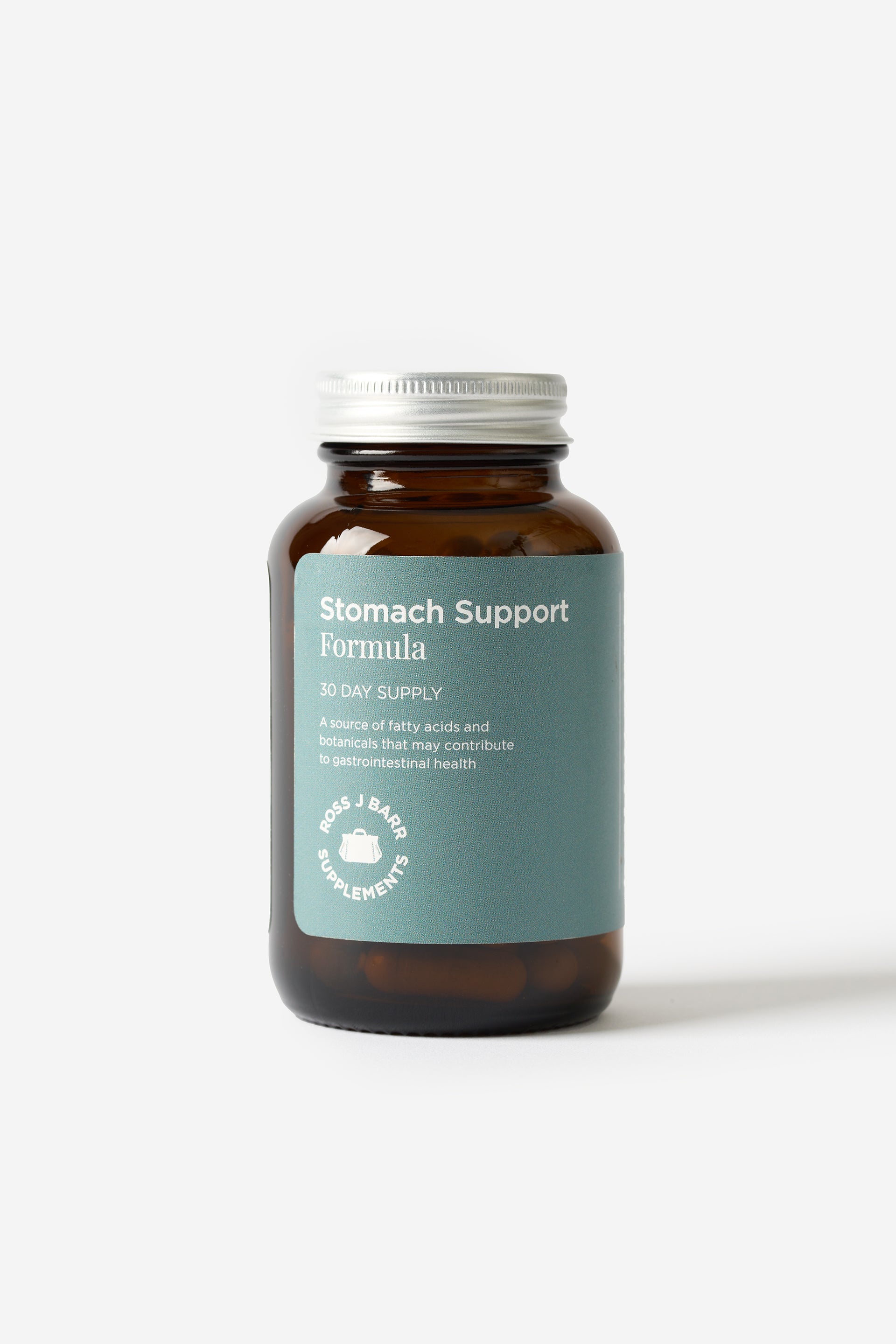 Les suppléments Stomach Support Formula de Ross J Barr sont dans une bouteille en vitre foncée sur un fond blanc.